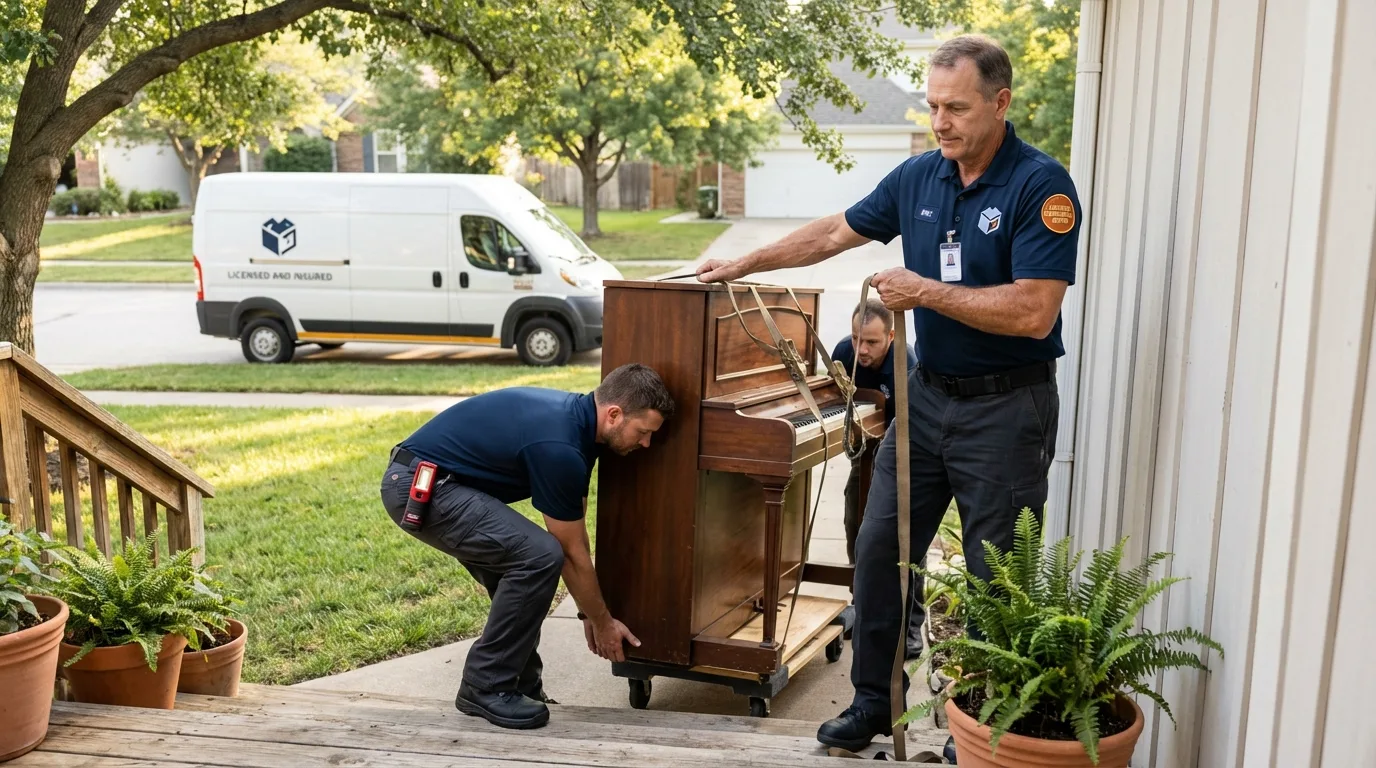 Licensed piano movers securing grand piano in Limington, ME