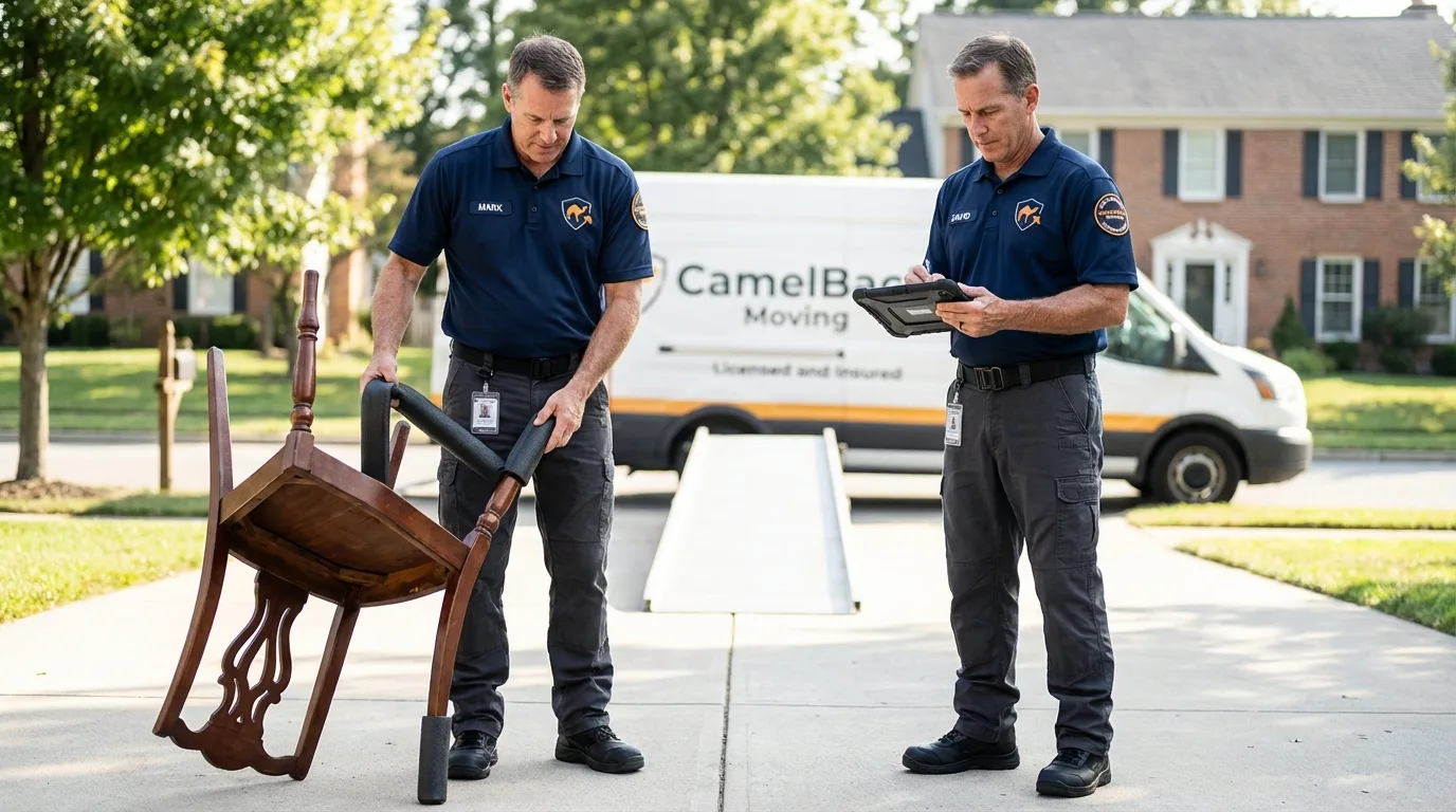 Movers inspecting furniture for damage prevention before loading in Limington, ME