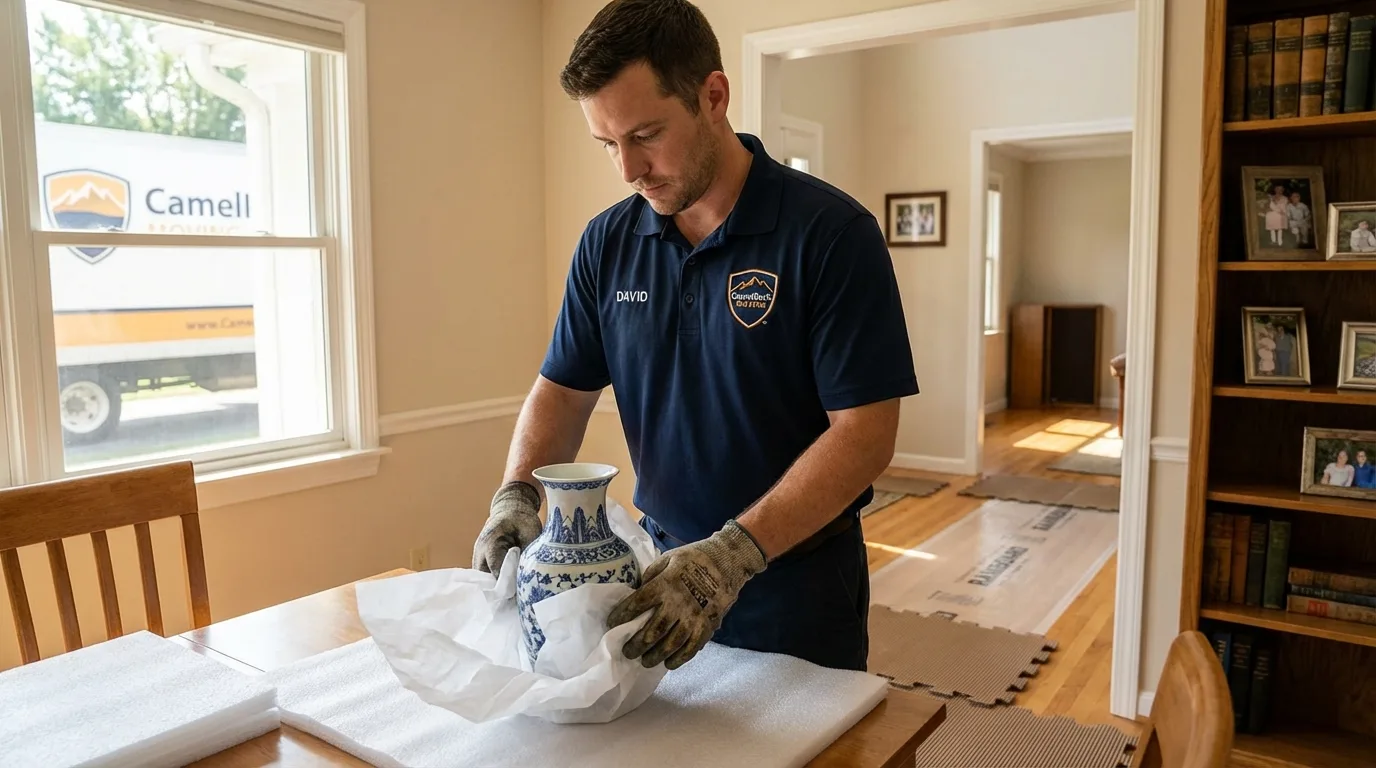 Professional crew carefully wrapping antique vase for senior downsizing move in Limington, ME