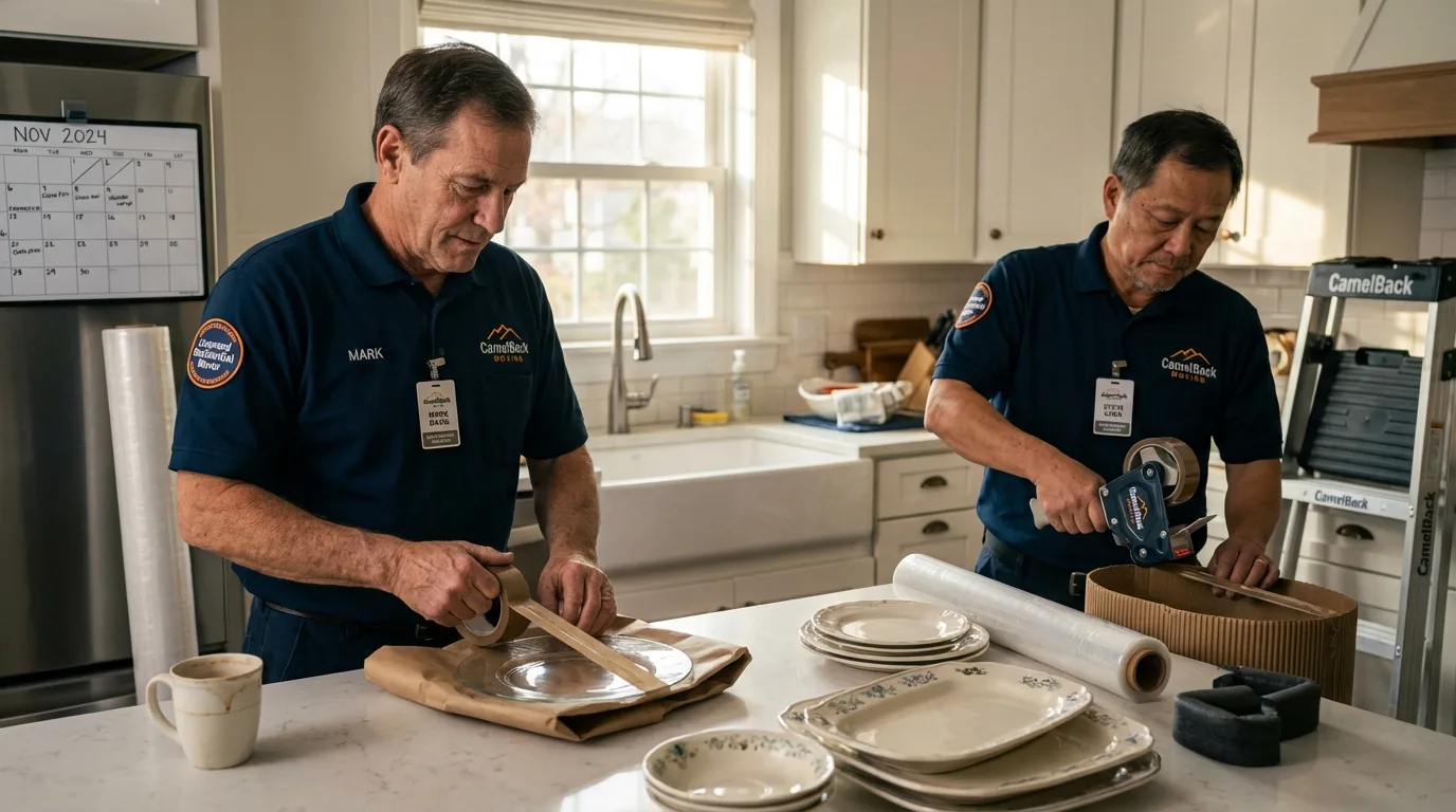 Professional crew packing kitchen dishware in Limington, ME